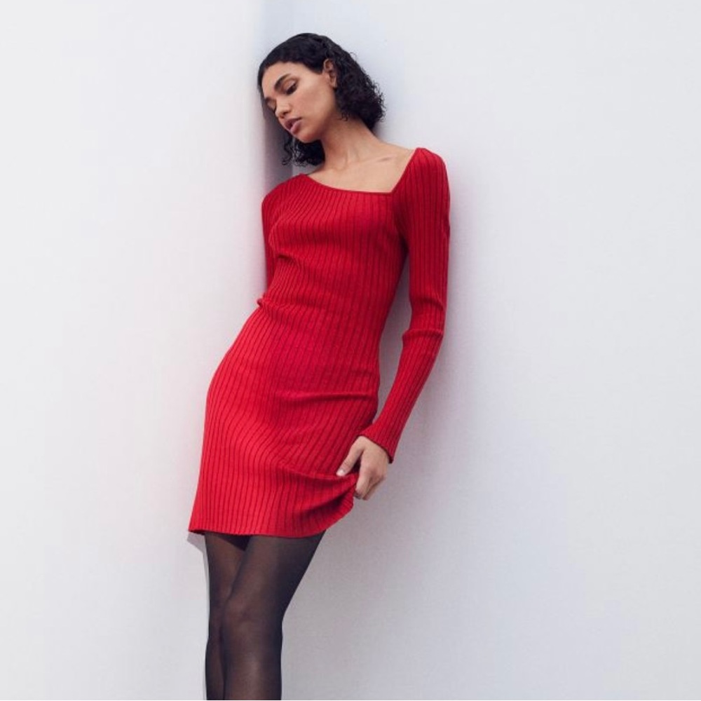 H&M Red Asymmetric Long Sleeve Dress